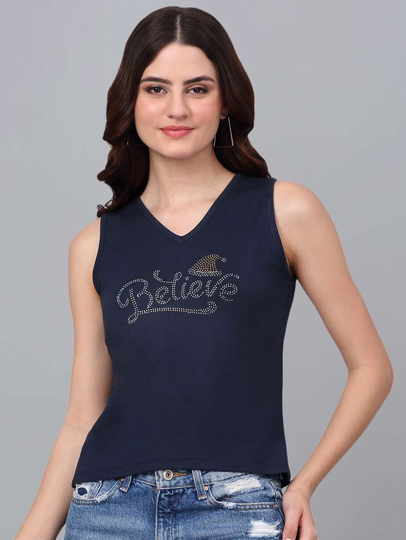 women navy blue cotton regular t-shirt