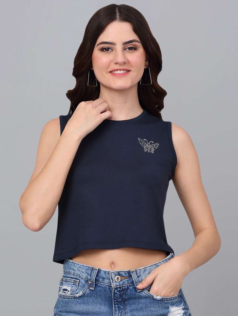 women navy blue cotton crop t-shirt
