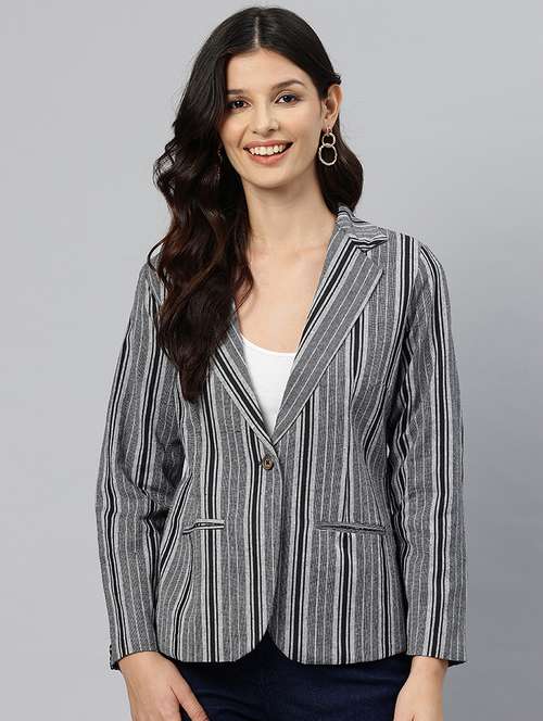 women striped long sleeve single breasted blazer - 21529701 - Standard Image - 0