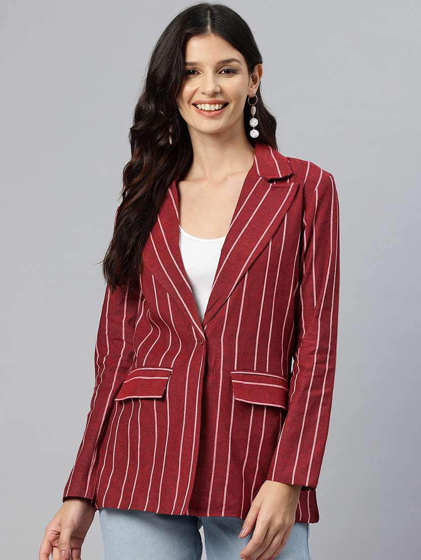 women striped long sleeve single breasted blazer