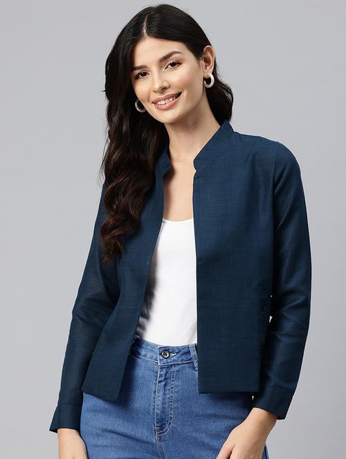 women solid long sleeve mandarin neck casual blazer - 21529720 - Standard Image - 0