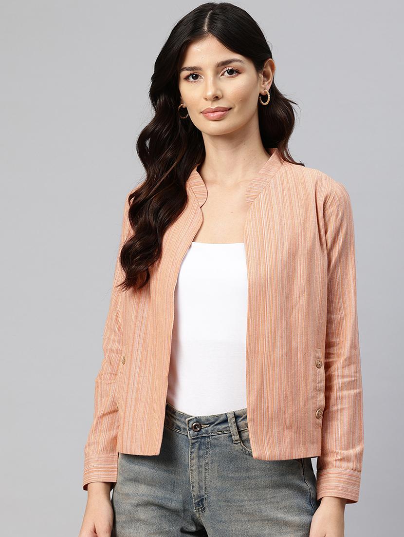 women striped long sleeve mandarin neck casual blazer - 21529723 - Zoom Image - 0