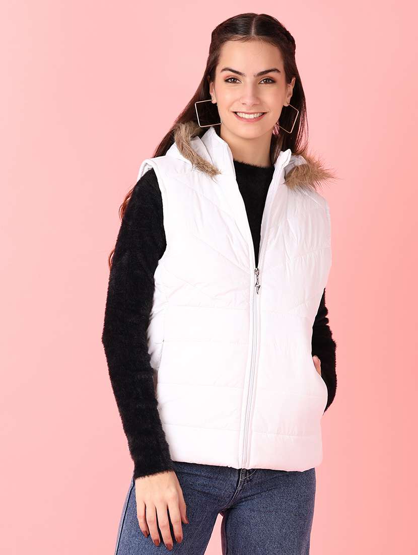 women solid sleeveless quilted hooded jacket
