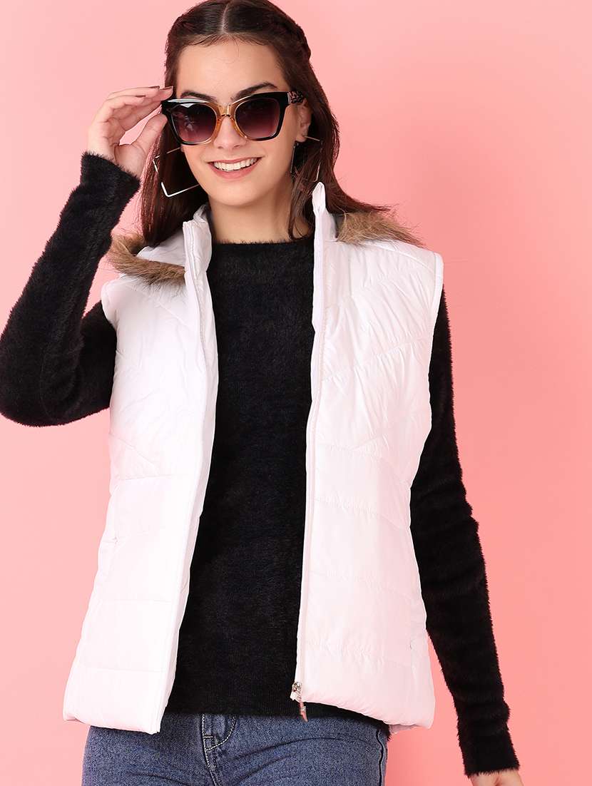 women solid sleeveless quilted hooded jacket - 21529762 -  Standard Image - 1