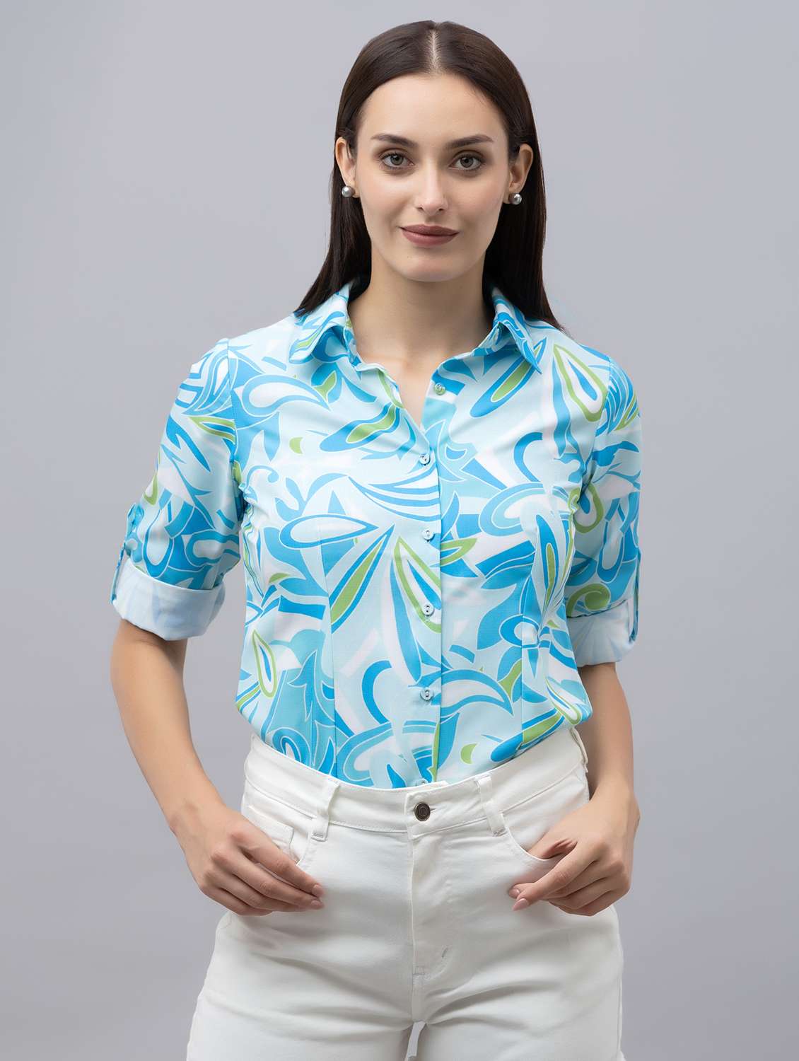 women light blue linen regular shirt