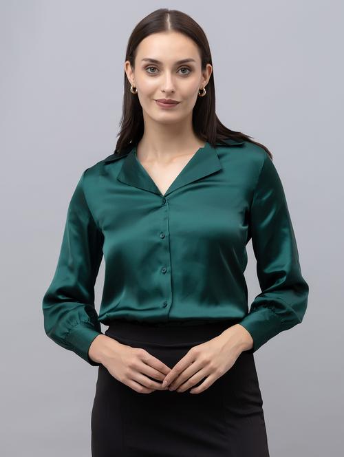 women bottle green satin regular shirt - 21529979 - Standard Image - 0