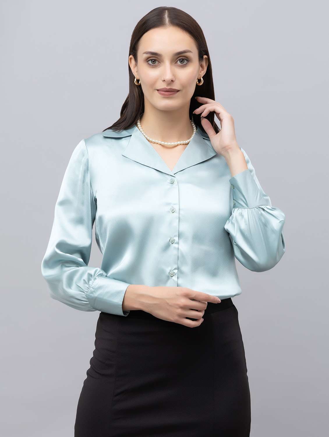 women sea green satin regular shirt