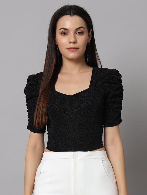 women solids puff sleeves crop top - 21529997 - Standard Image - 0
