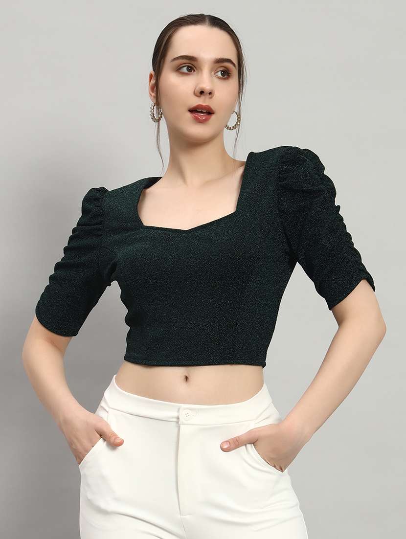 women solids puff sleeves crop top
