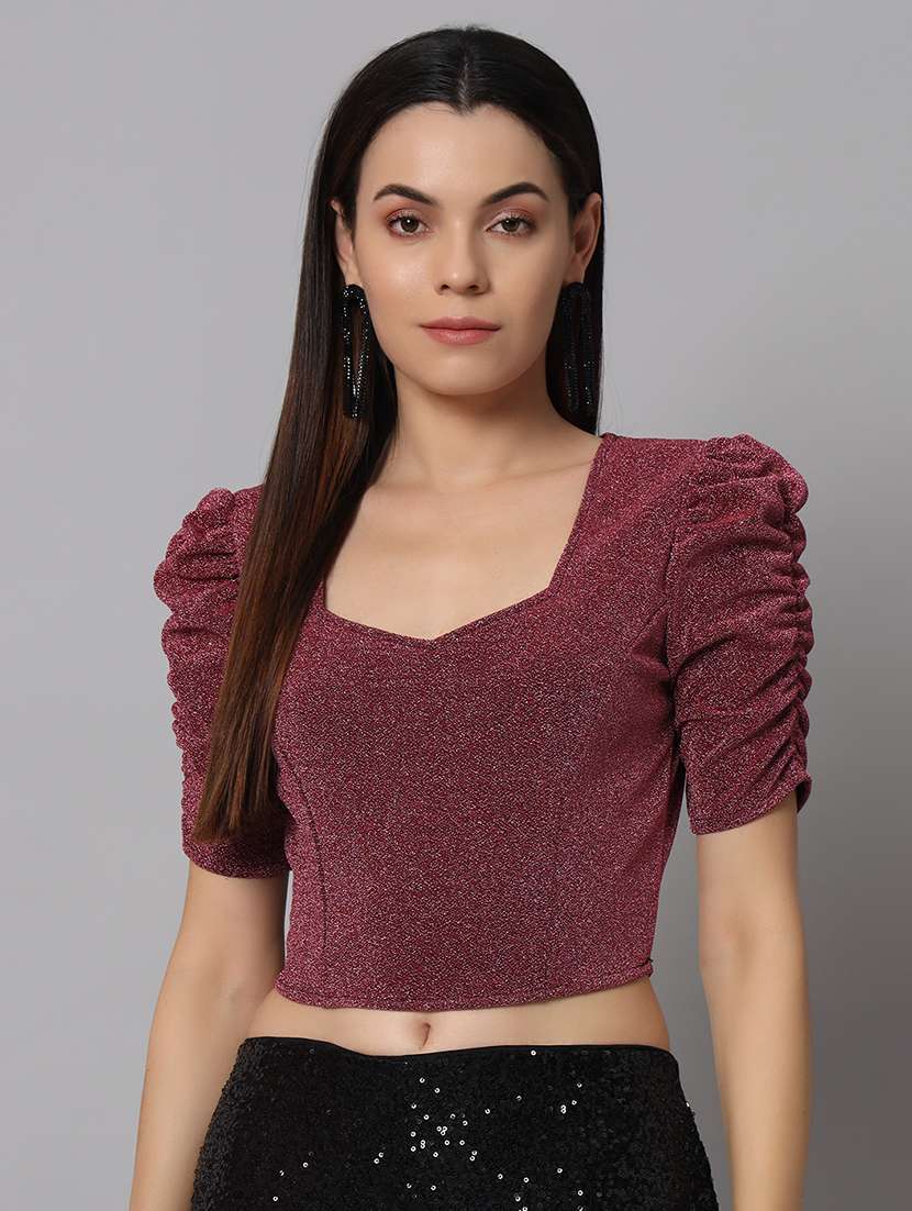 women solids puff sleeves crop top
