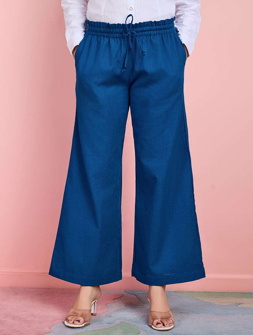 women solid mid rise wide leg trouser