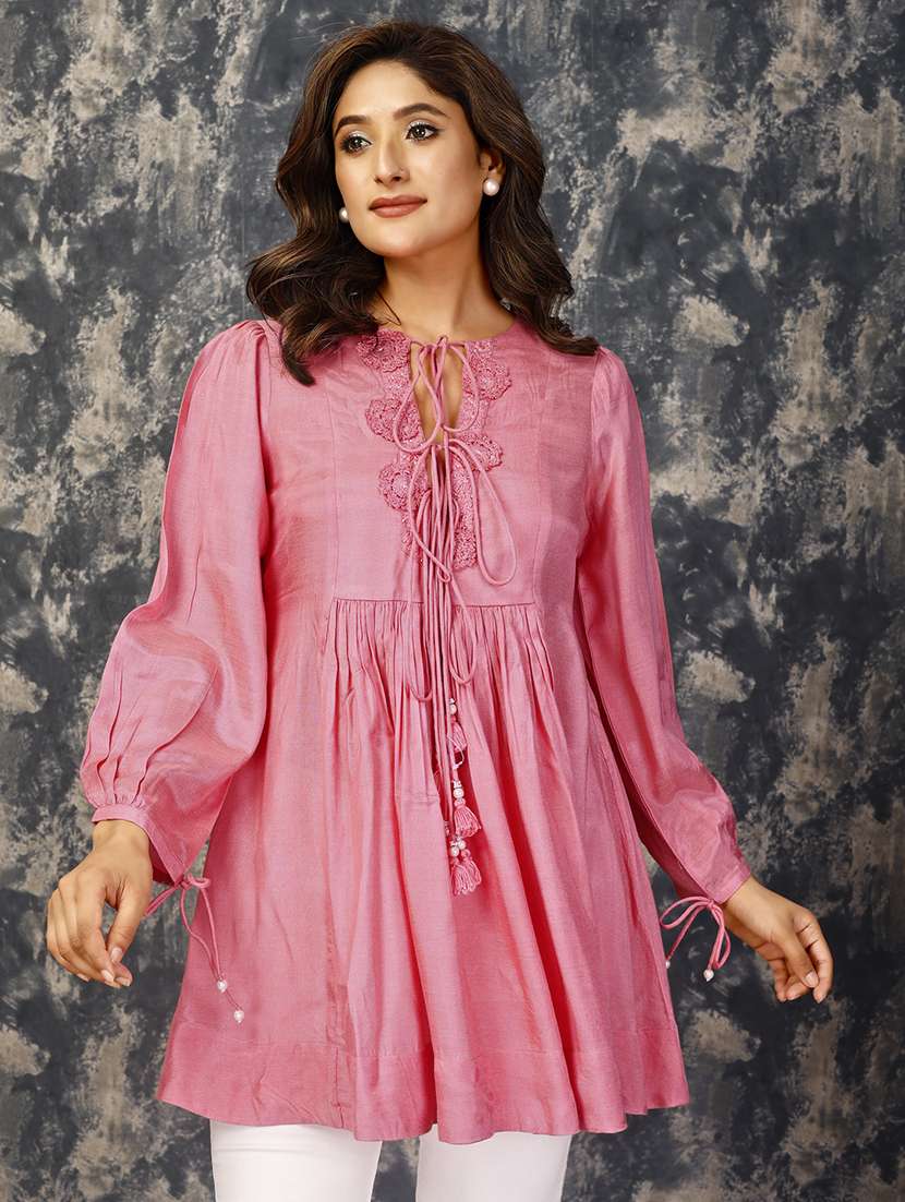 women solid tie up neck flared tunic - 21530121 - Zoom Image - 0