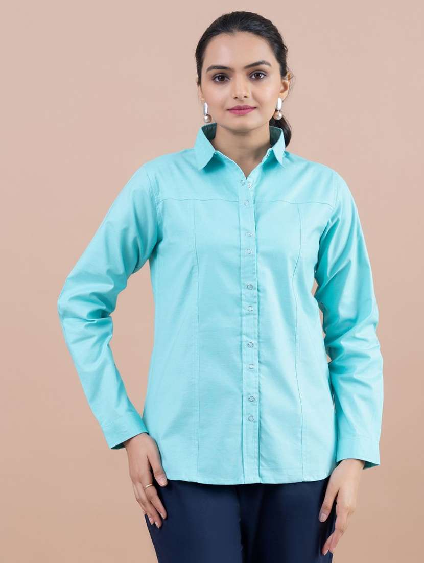 women light blue cotton blend regular shirt