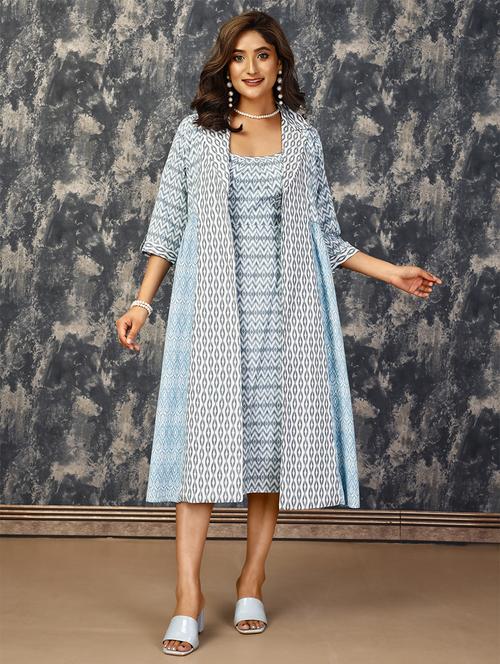 women light blue cotton blend a-line dress with shrug - 21530167 -  Standard Image - 0