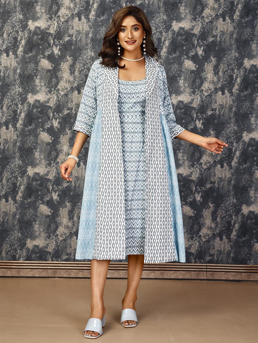 women light blue cotton blend a-line dress with shrug - 21530167 -  Zoom Image - 0
