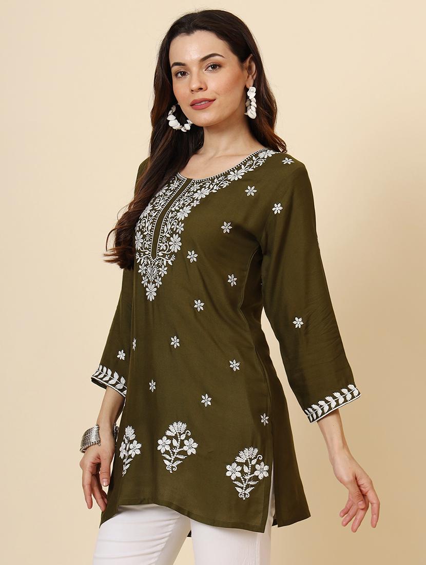 women chikankari three quarter sleeve straight kurti - 21530196 -  Standard Image - 1