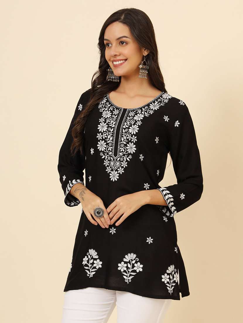 women chikankari three quarter sleeve straight kurti - 21530198 -  Standard Image - 1