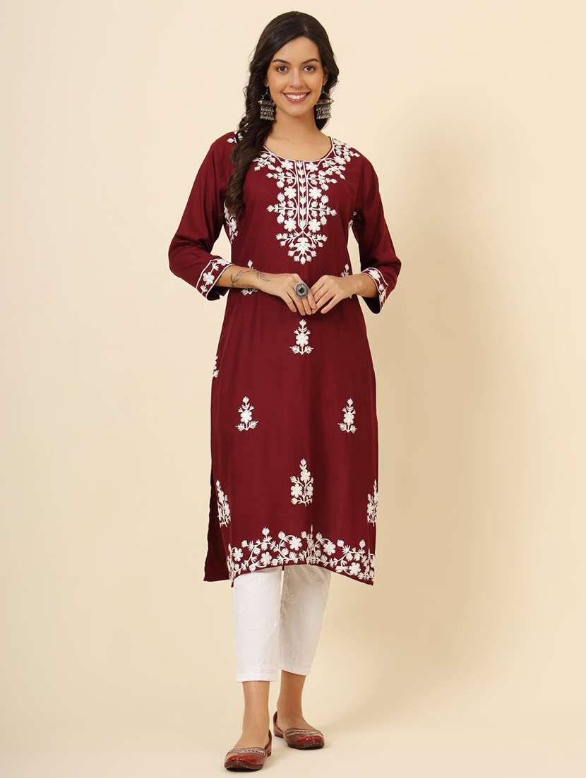 women three quarter sleeves chikankari kurta - 21530231 -  Standard Image - 1