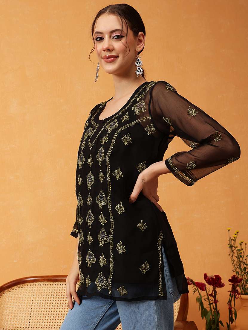Women Black Chikankari Straight Kurti - 21530456 -  Standard Image - 1