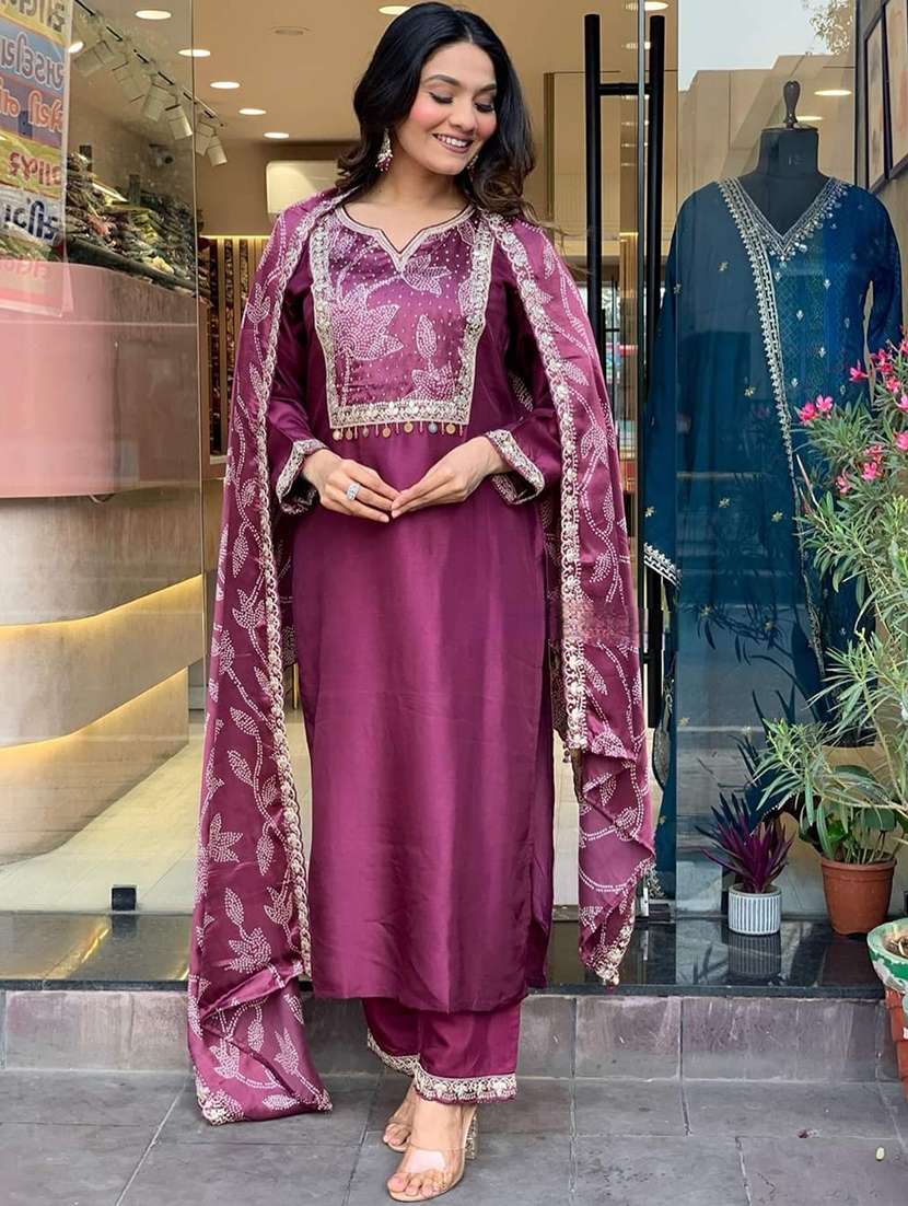 women three quarter sleeve embroidered suit set - 21530496 -  Standard Image - 1