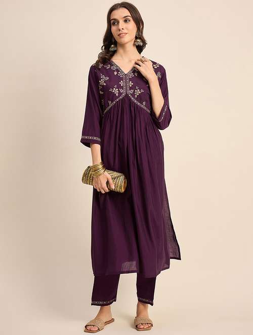 women purple embroidered kurta pant set - 21531360 - Standard Image - 0