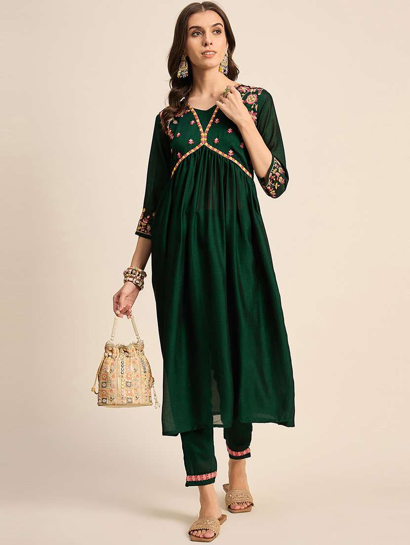 women green embroidered kurta pant set