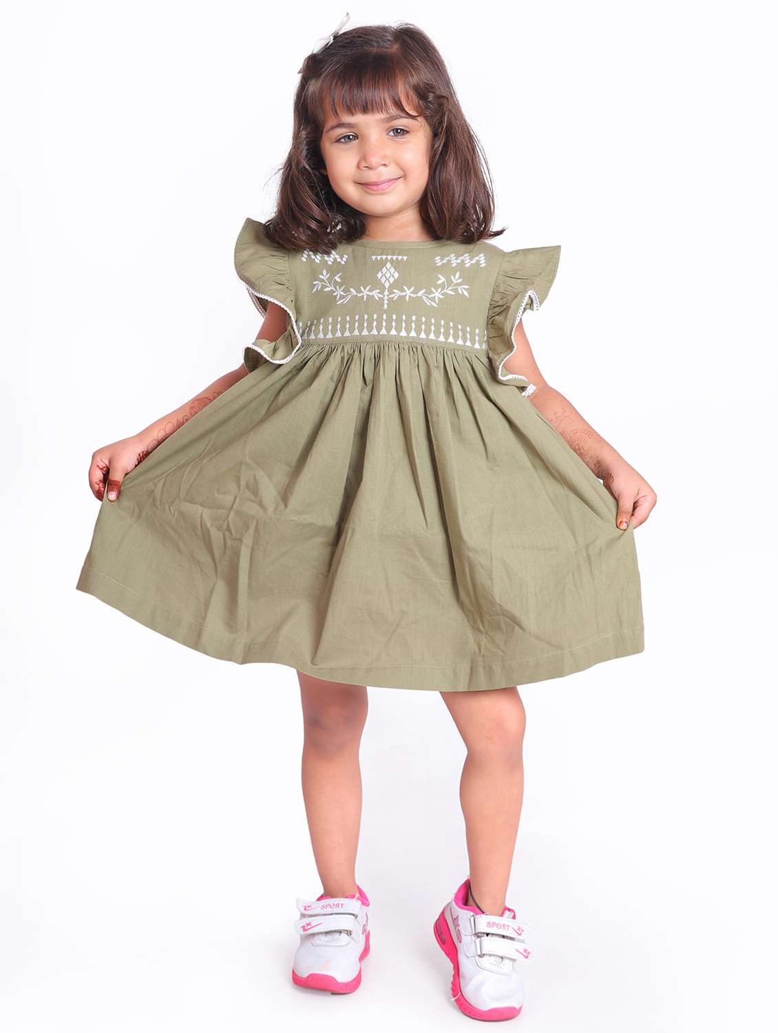 girls green embroidered fit & flare dress - 21531686 -  Standard Image - 1