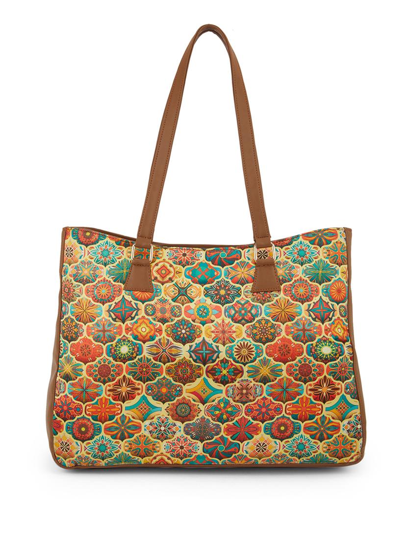 women brown printed regular tote bag