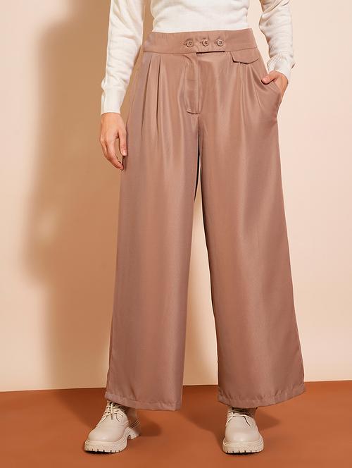 globus women khaki solid high-rise pleated wide-leg workwear trousers - 21531797 -  Standard Image - 0