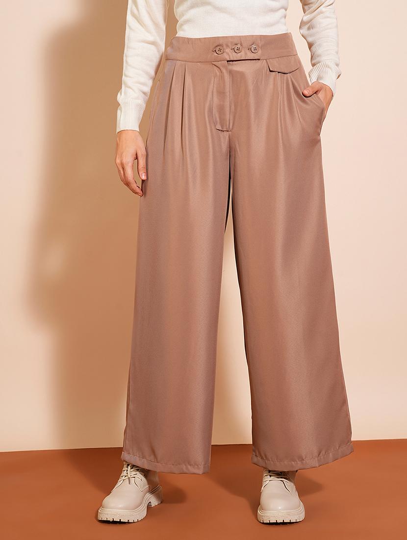 globus women khaki solid high-rise pleated wide-leg workwear trousers - 21531797 -  Zoom Image - 0