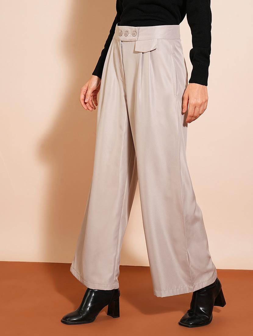 globus women ash grey solid high-rise pleated wide-leg workwear trousers - 21531798 - Standard Image - 1