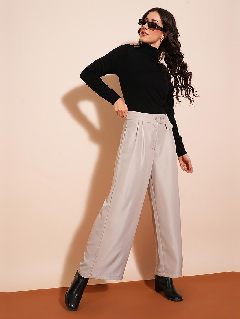 globus women ash grey solid high-rise pleated wide-leg workwear trousers - 21531798 - Standard Image - 4