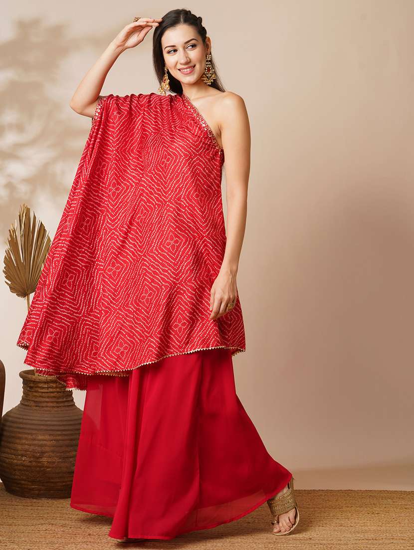 globus women red bandhani printed embroidered one shoulder tunic & georgette elasticated floor length skirt fusion co-ord set - 21531803 - Standard Image - 1