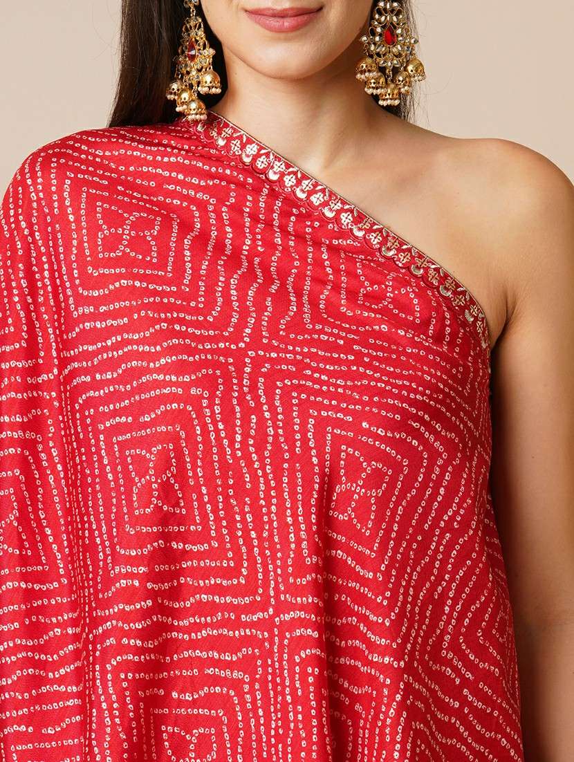 globus women red bandhani printed embroidered one shoulder tunic & georgette elasticated floor length skirt fusion co-ord set - 21531803 - Standard Image - 4