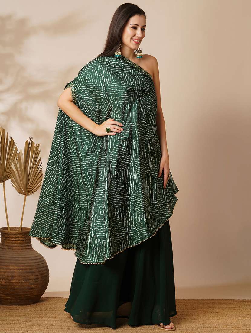 globus women green bandhani printed embroidered one shoulder tunic & georgette elasticated floor length skirt fusion co-ord set - 21531804 -  Standard Image - 1