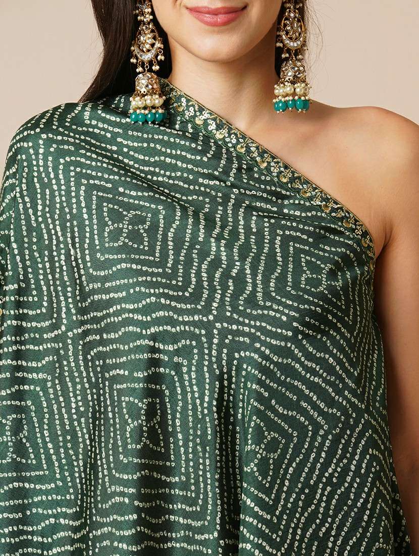 globus women green bandhani printed embroidered one shoulder tunic & georgette elasticated floor length skirt fusion co-ord set - 21531804 - Standard Image - 4