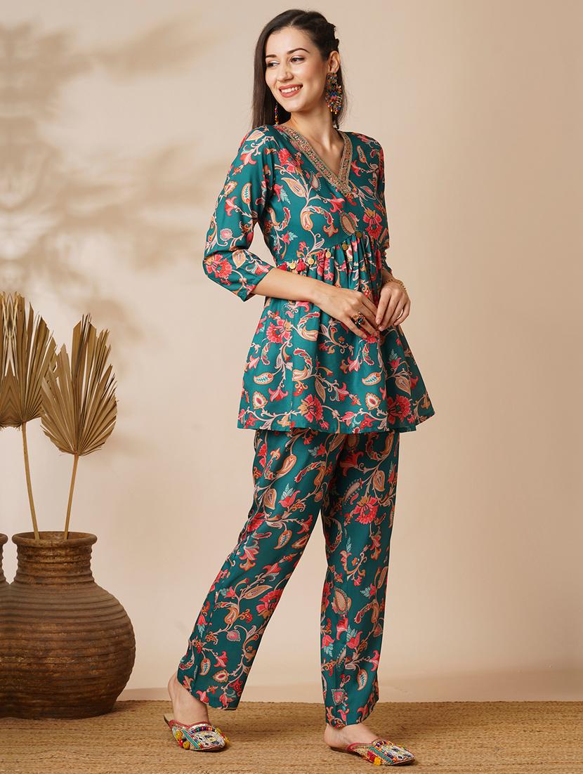 globus women green floral embroidered v-neck with tassel detailing a-line peplum tunic & ankle length pants fusion co-ord set - 21531805 -  Standard Image - 1