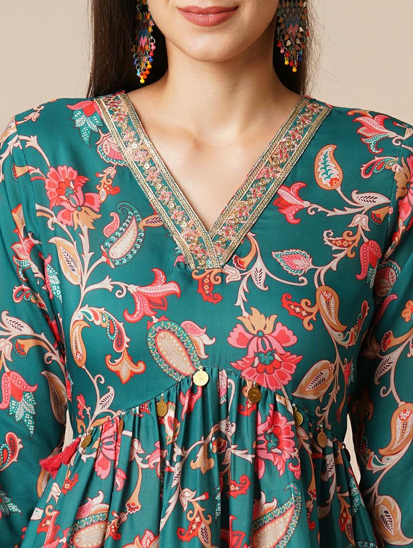 globus women green floral embroidered v-neck with tassel detailing a-line peplum tunic & ankle length pants fusion co-ord set - 21531805 - Standard Image - 4