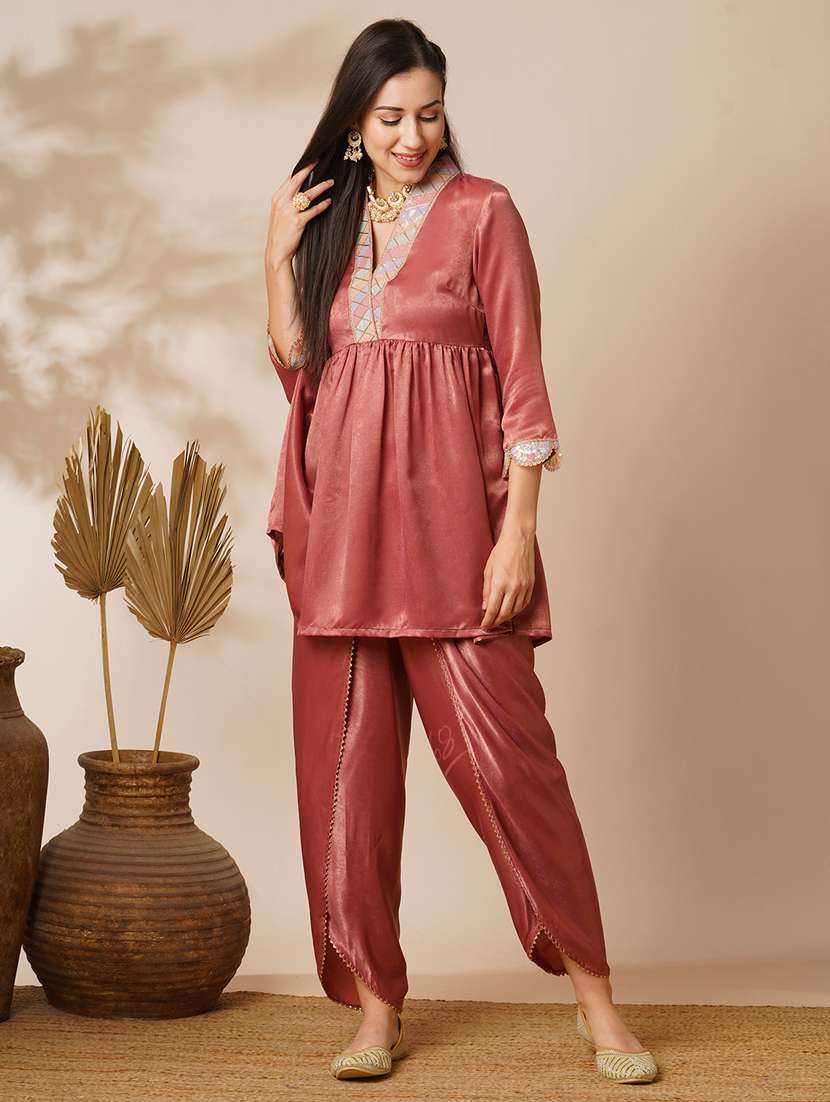 women pink overlapping sequined lace v-neck velvet peplum tunic & ankle length partial elasticated dhoti fusion co-ord set