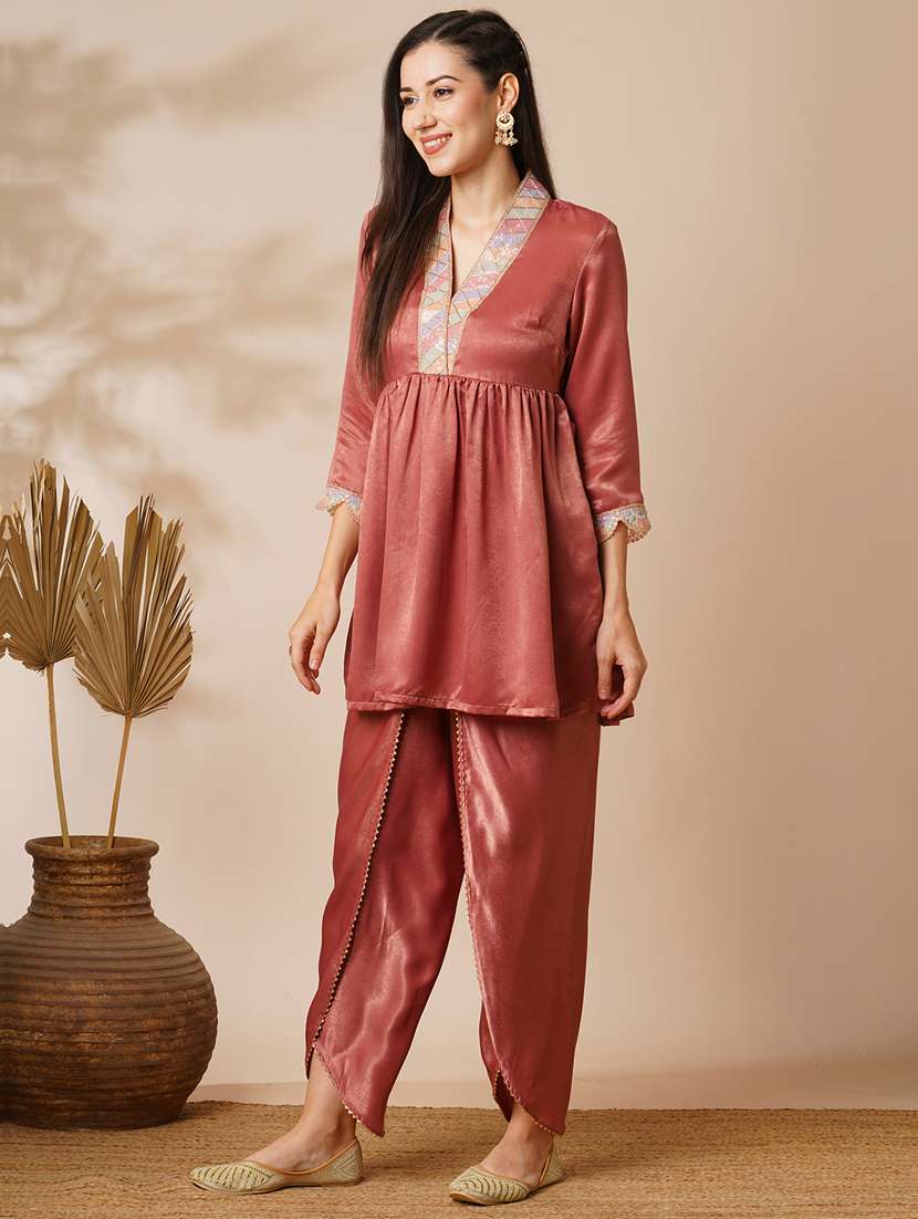 women pink overlapping sequined lace v-neck velvet peplum tunic & ankle length partial elasticated dhoti fusion co-ord set - 21531807 - Standard Image - 1