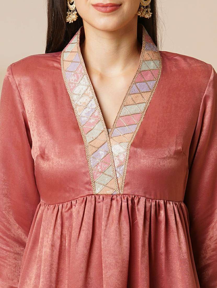 women pink overlapping sequined lace v-neck velvet peplum tunic & ankle length partial elasticated dhoti fusion co-ord set - 21531807 - Standard Image - 4