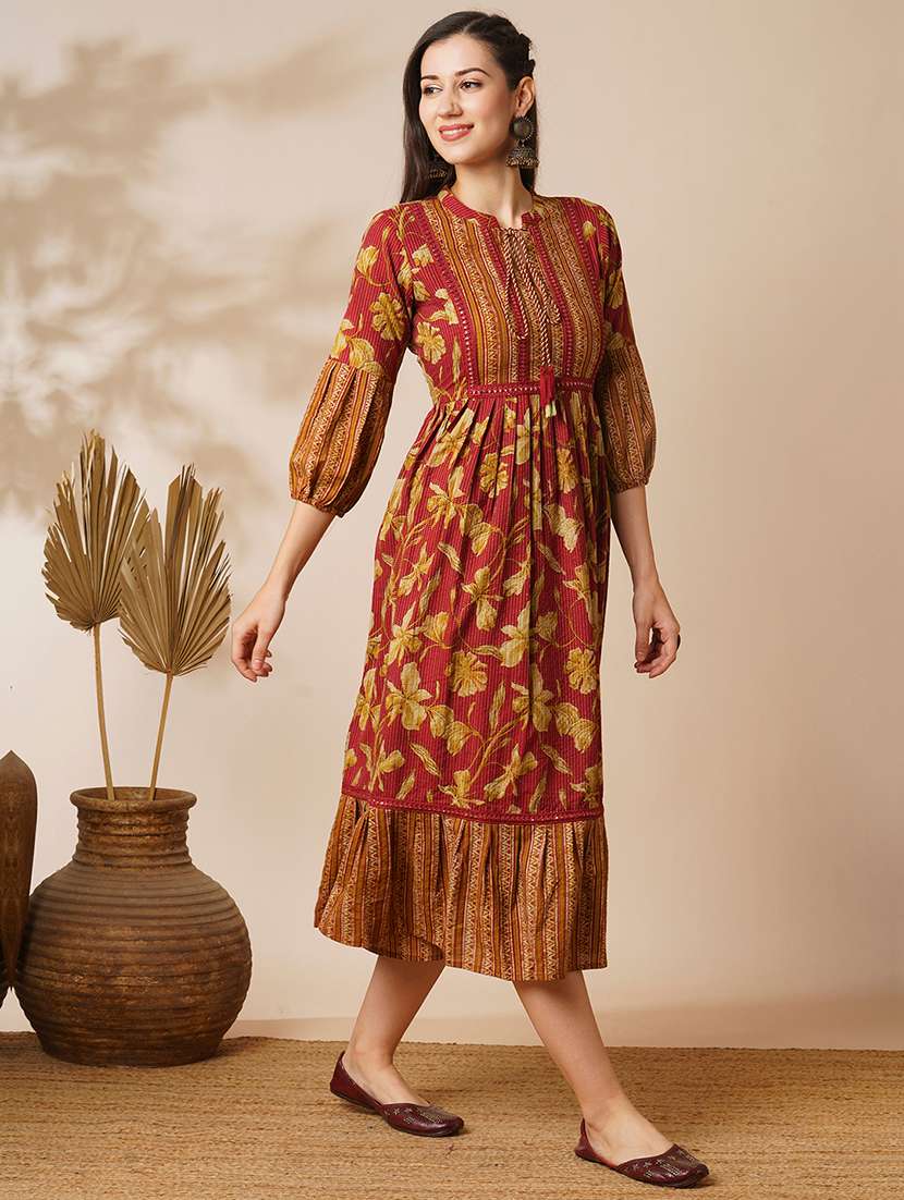 globus women red tie-up mandarin neck bishop sleeves floral print pleated tiered a-line midi fusion dress - 21531808 -  Standard Image - 1