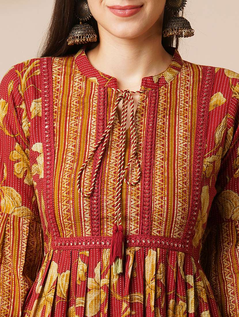 globus women red tie-up mandarin neck bishop sleeves floral print pleated tiered a-line midi fusion dress - 21531808 -  Standard Image - 4