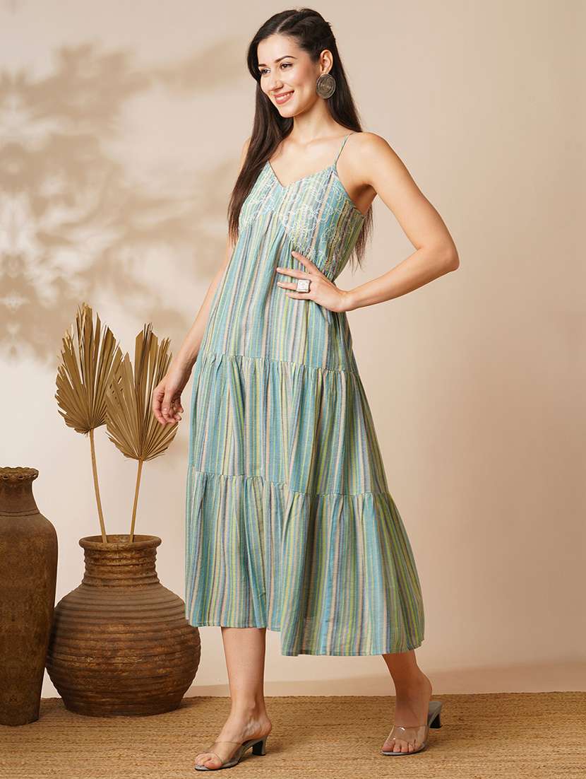 globus women green v-neck strappy shoulder floral embroidered mid-riff yoke striped tiered a-line midi fusion dress - 21531809 -  Standard Image - 1