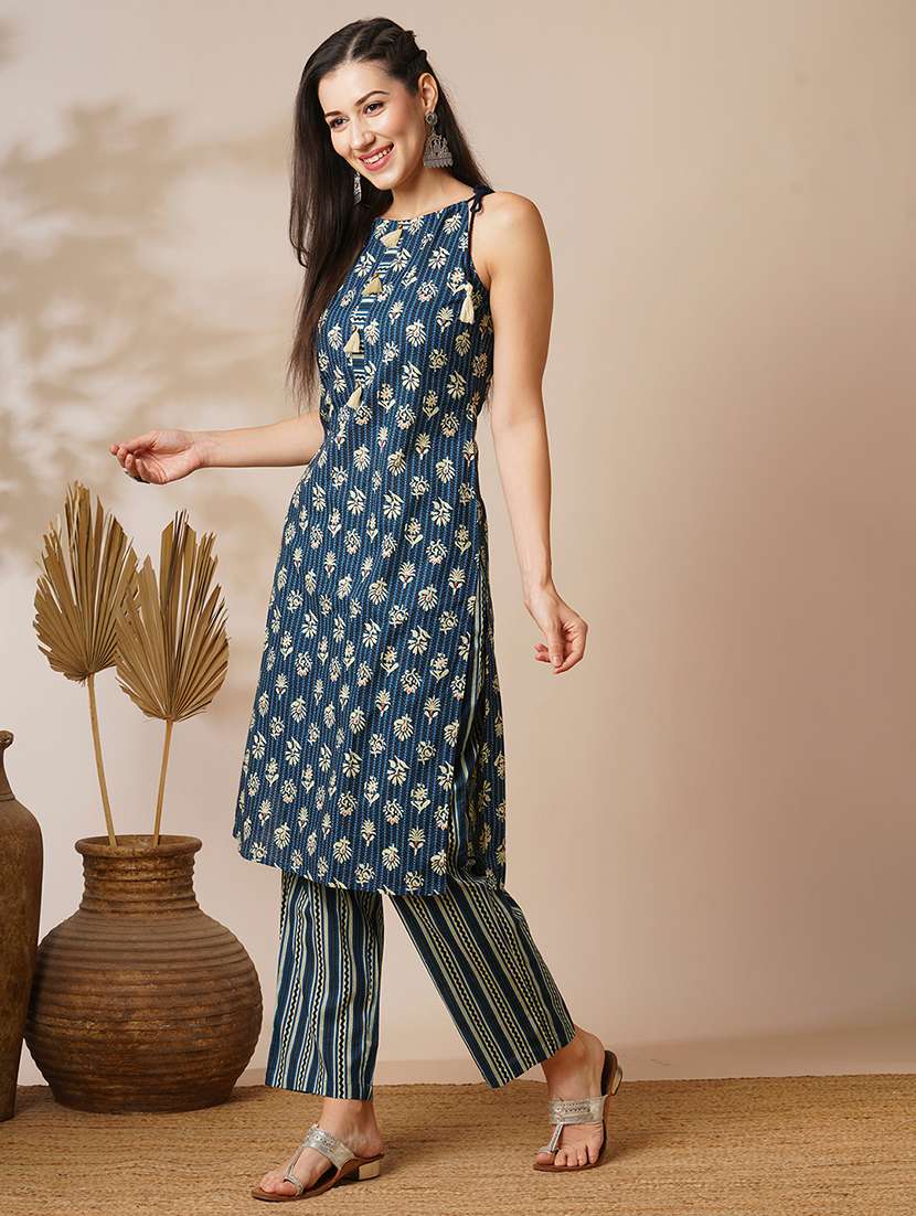 globus women blue tie-up strappy shoulder tassel detailing floral print straight kurta with striped pants fusion set - 21531814 -  Standard Image - 1