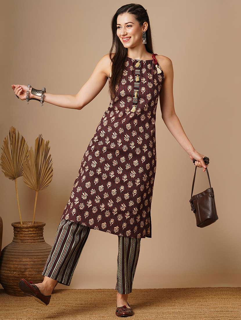 globus women maroon tie-up strappy shoulder tassel detailing floral print straight kurta with striped pants fusion set