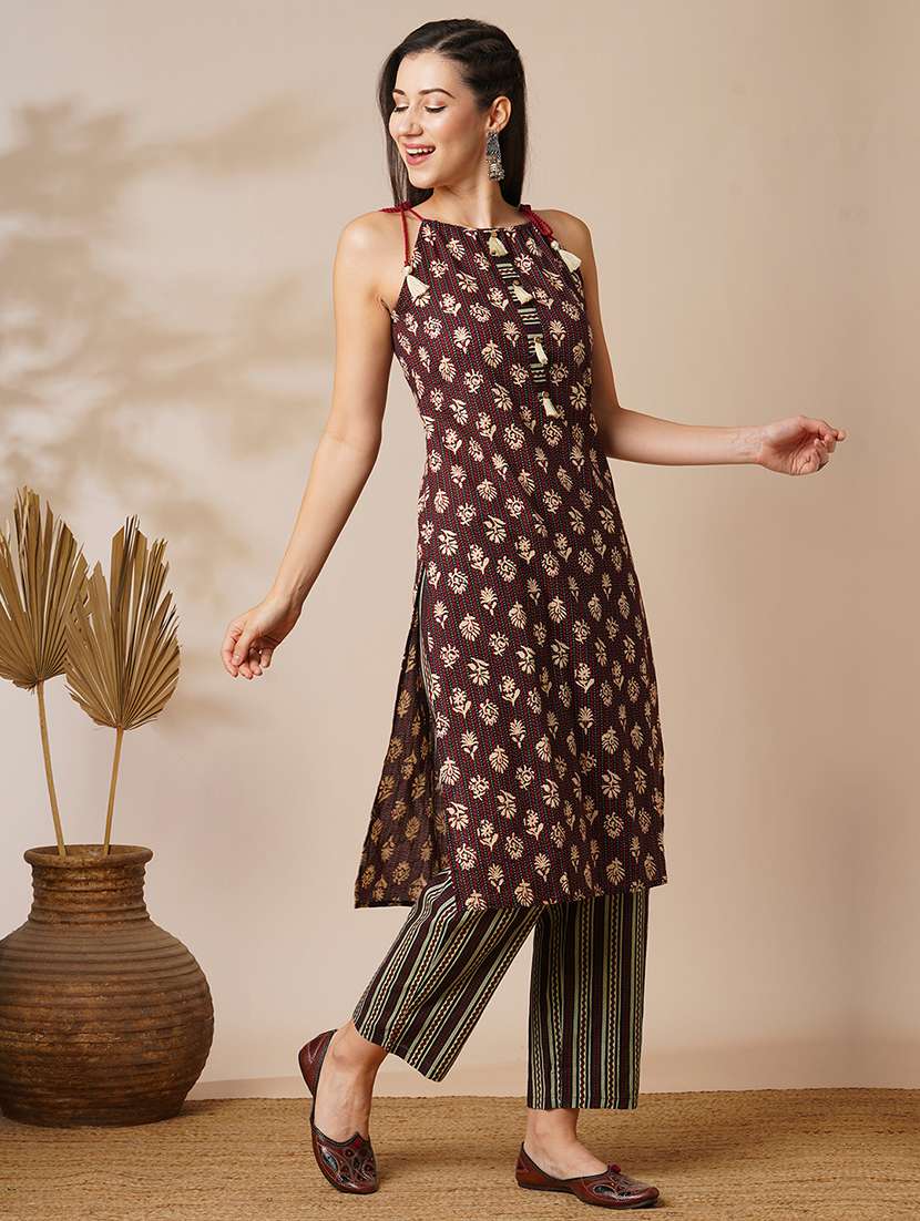 globus women maroon tie-up strappy shoulder tassel detailing floral print straight kurta with striped pants fusion set - 21531815 -  Standard Image - 1