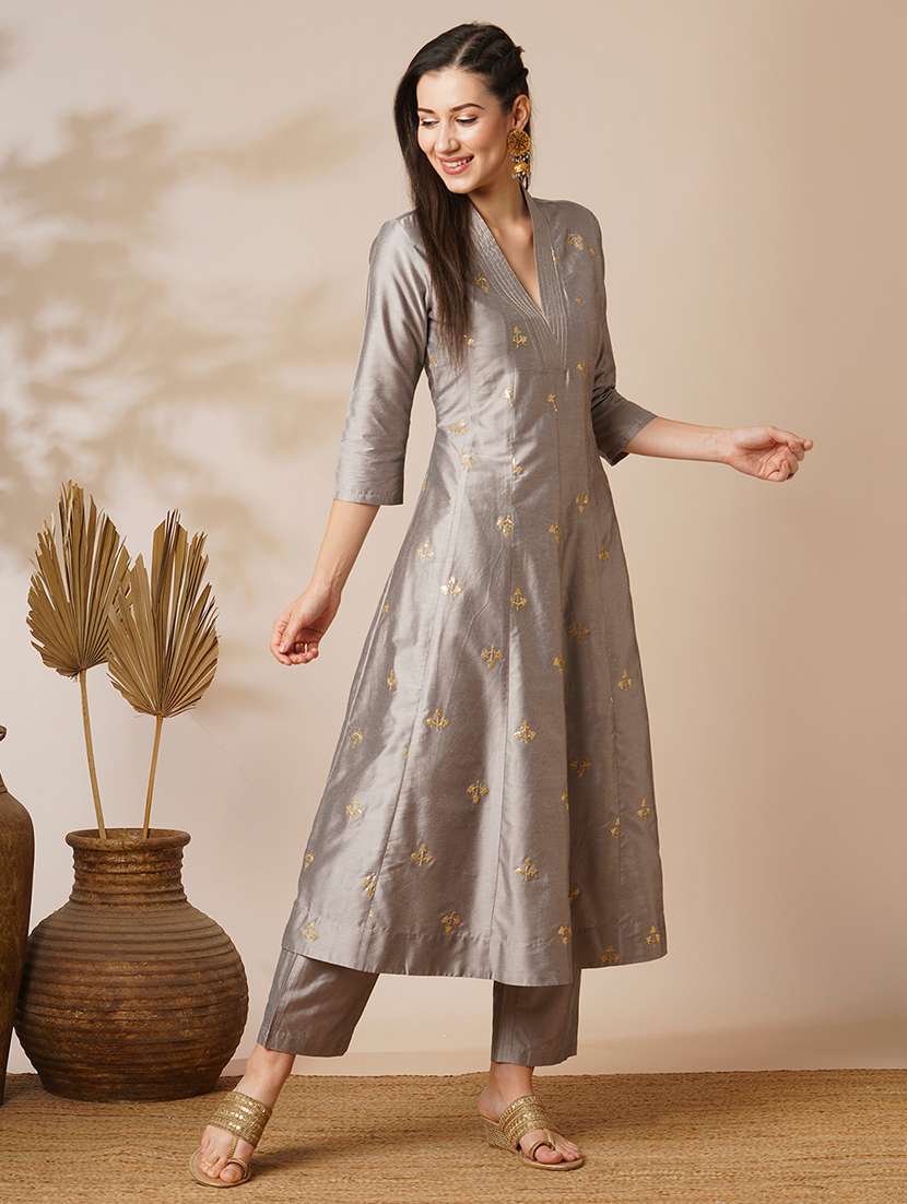 globus women grey v-neck gold zari embroidered panelled anarkali kurta with elasticated wide-leg pants festive set