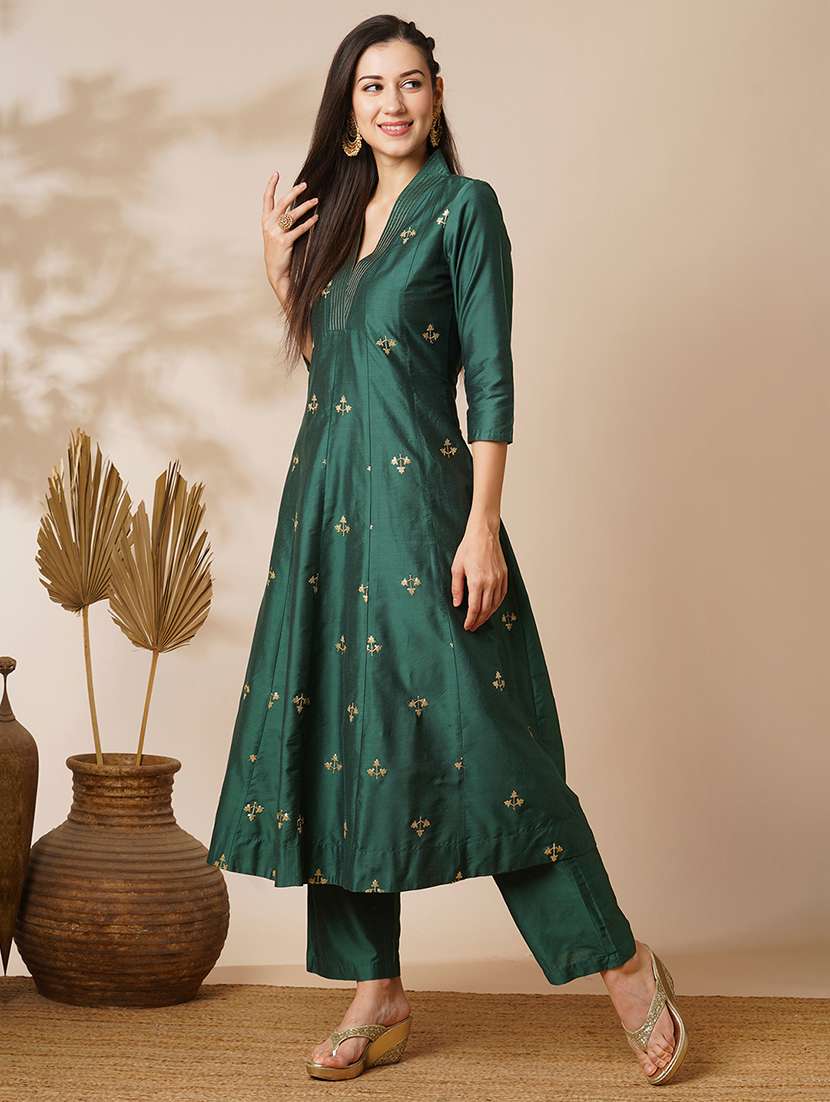 globus women green v-neck gold zari embroidered panelled anarkali kurta with elasticated wide-leg pants festive set - 21531817 -  Standard Image - 1