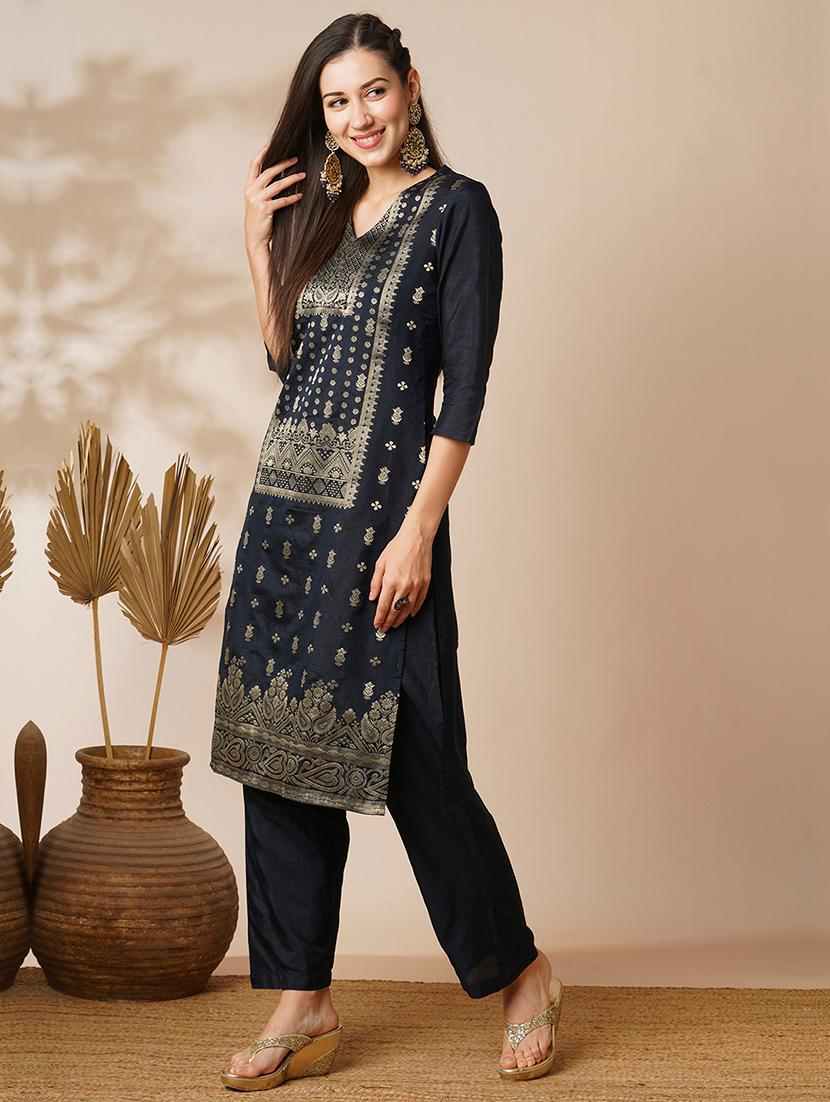 globus women blue v-neck silver brocade ethnic motifs straight knee length kurta with wide-leg pants festive set - 21531818 - Standard Image - 1